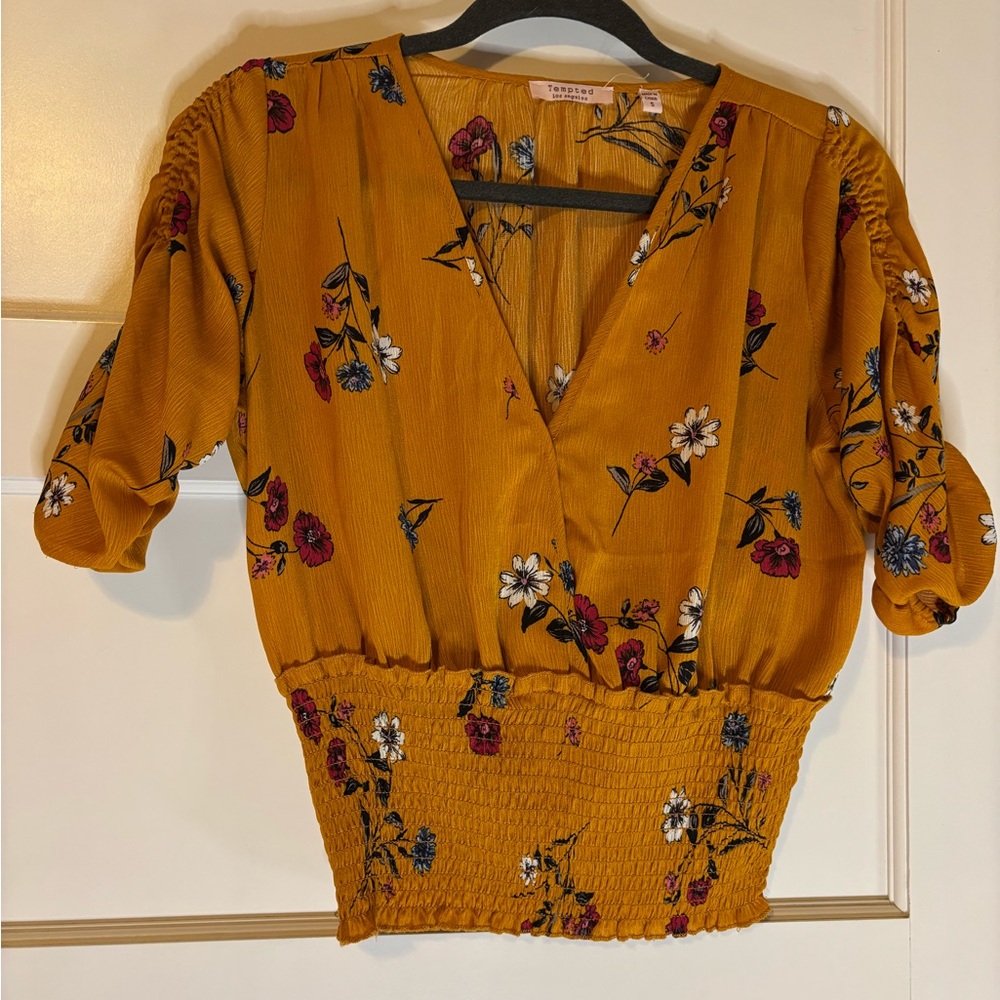 Tempted Yellow Brown Smocked Blouse 3/4 Sleeve